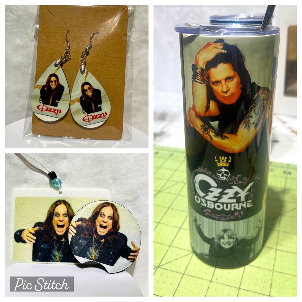 Ozzy Osbourne Tumbler Gift Set with Air Freshie & Set of 2 Car Coasters,Earrings